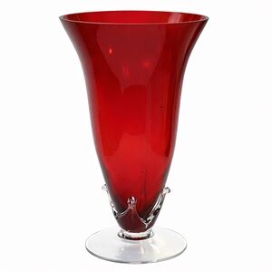 Vintage Red Art Glass Vase Flared Trumpet Shape Clear Footed Base 10”